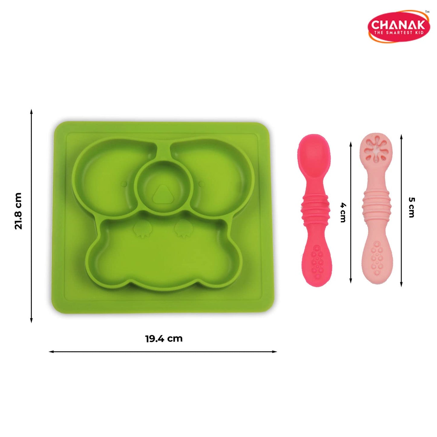 Chanak Baby Food Tray - Silicon Plate with Multiple Compartments & Two Spoons (Light Green)