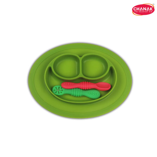 Chanak Baby Food Oval Tray - Silicon Plate with Multiple Compartments & Two Spoons (Dark Green)