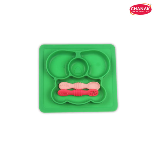 Chanak Baby Food Tray - Silicon Plate with Multiple Compartments & Two Spoons (Dark Green)