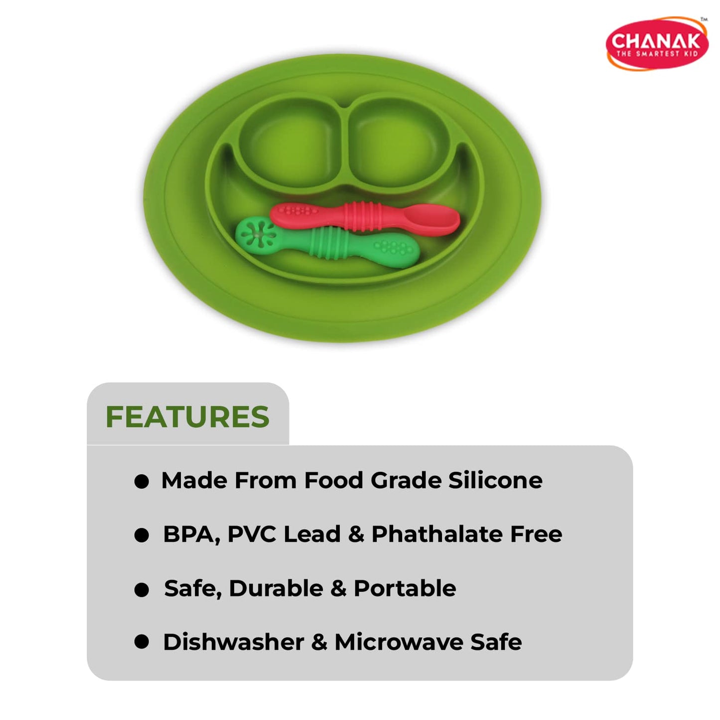 Chanak Baby Food Oval Tray - Silicon Plate with Multiple Compartments & Two Spoons (Dark Green)