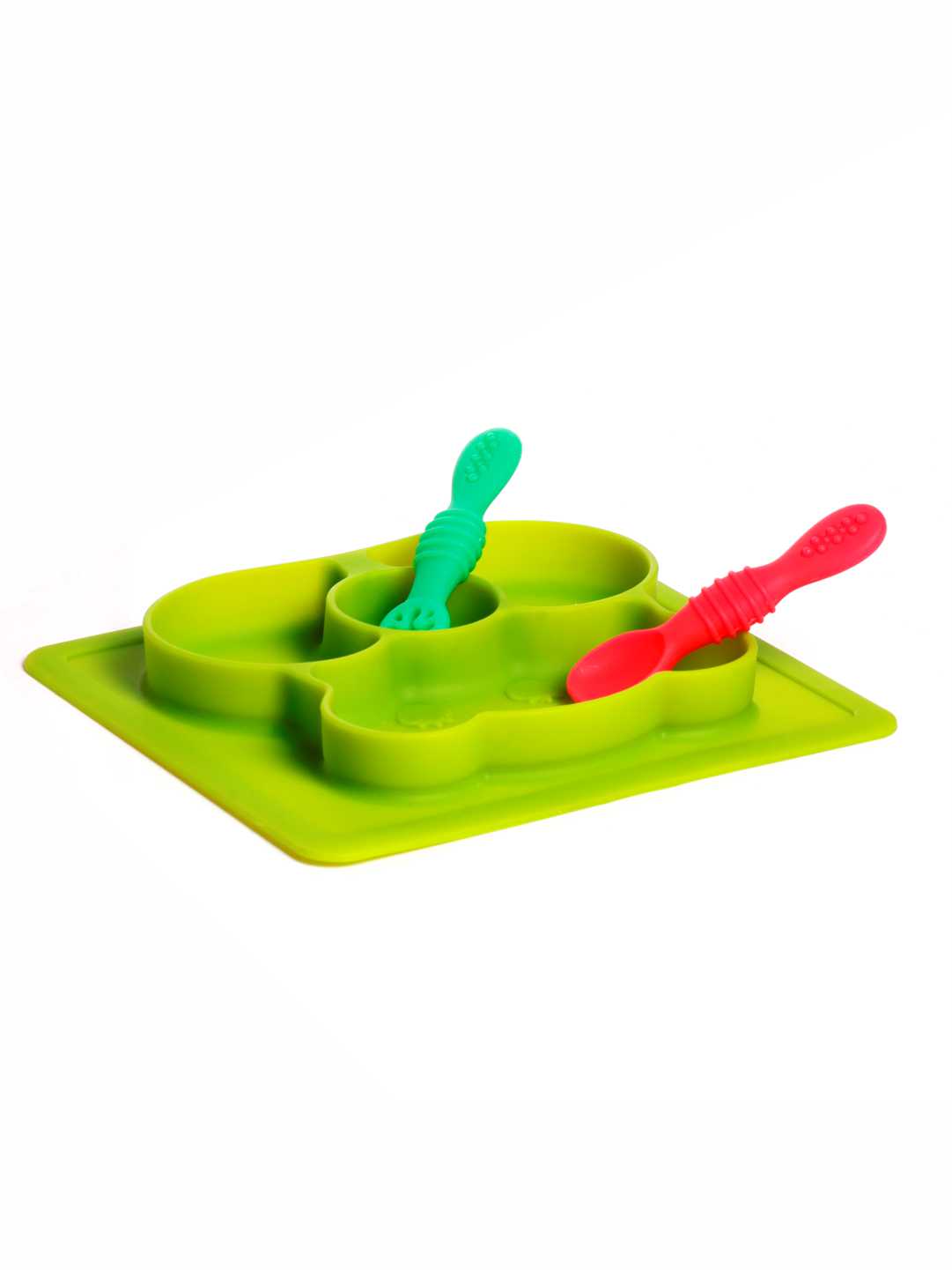 Chanak Baby Food Tray - Silicon Plate with Multiple Compartments & Two Spoons (Light Green)