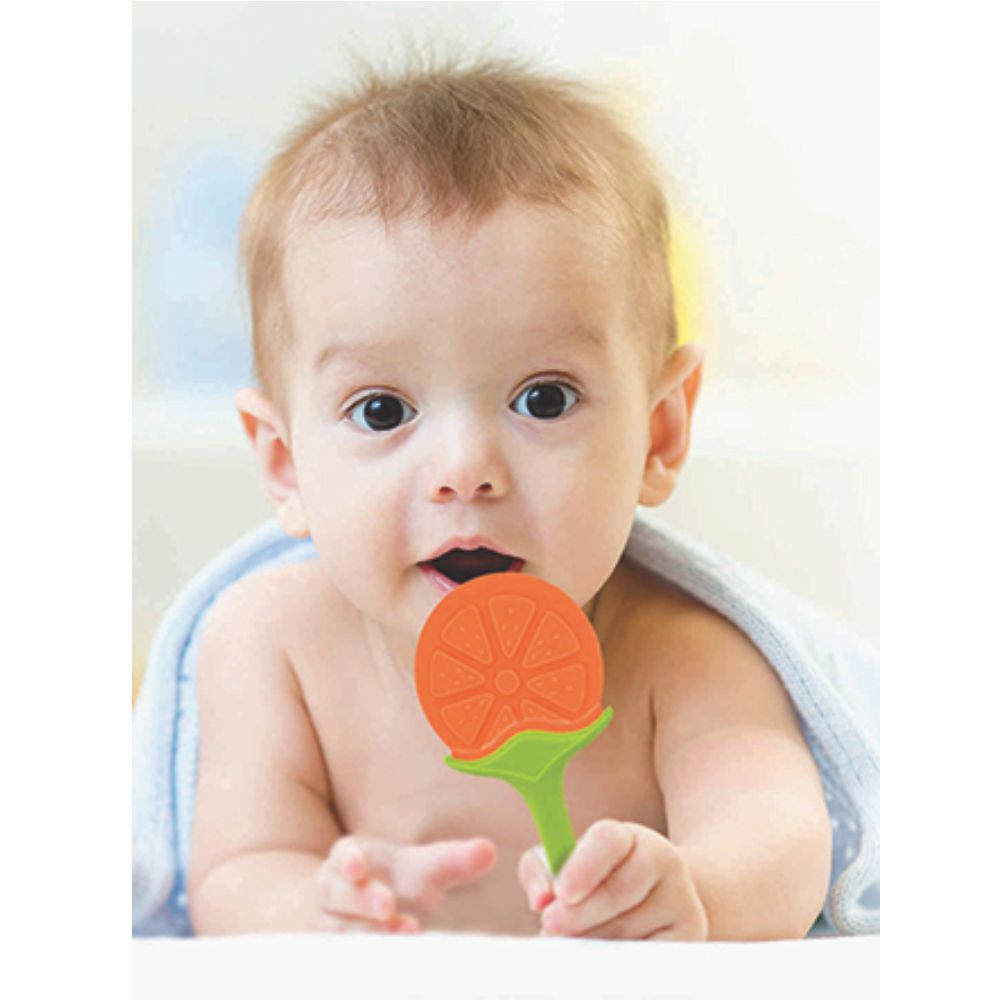 Chanak Baby Silicone Fruit Teether for Toddlers (Orange & Blue)