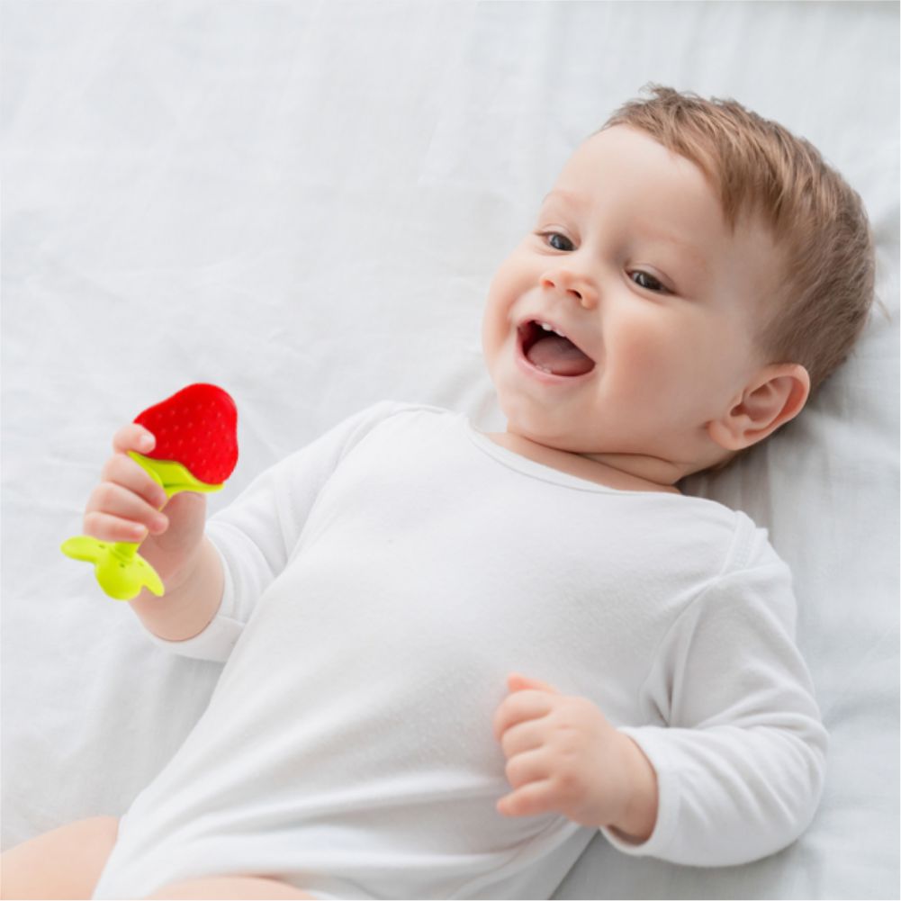 Chanak Baby Silicone Fruit Teether for Toddlers (Orange, Red, Blue & Pink)