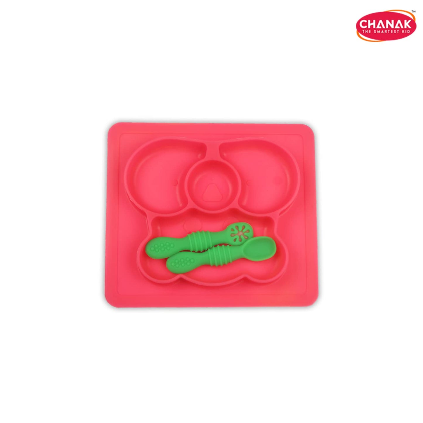 Chanak Baby Food Tray - Silicon Plate with Multiple Compartments & Two Spoons (Pink)