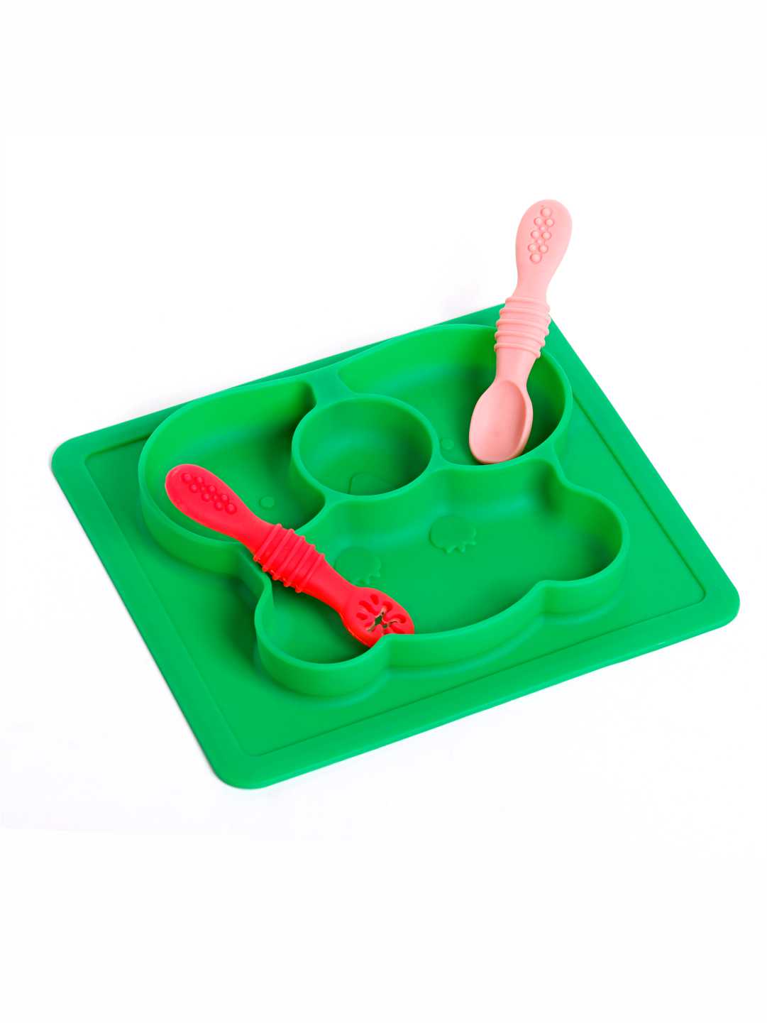 Chanak Baby Food Tray - Silicon Plate with Multiple Compartments & Two Spoons (Dark Green)