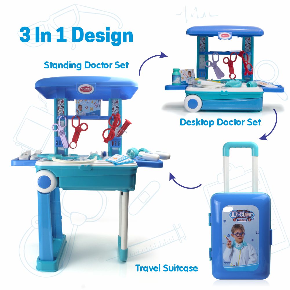 Premium Doctor Set Trolley for Kids with LED Light Instruments (Blue)