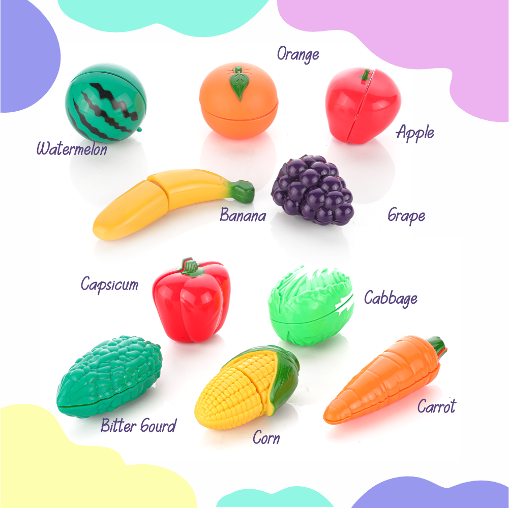 Chanak's Fruits and Vegetables Set in One Basket with Chopper Board & Knife for Kids, Fruit & Vegetable Combo (Pink Basket)
